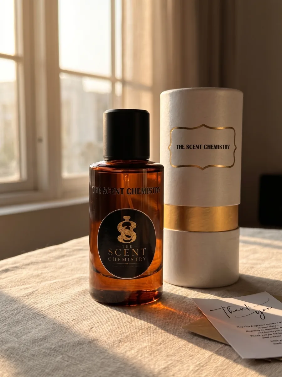 Amber perfume and presentation case in window light