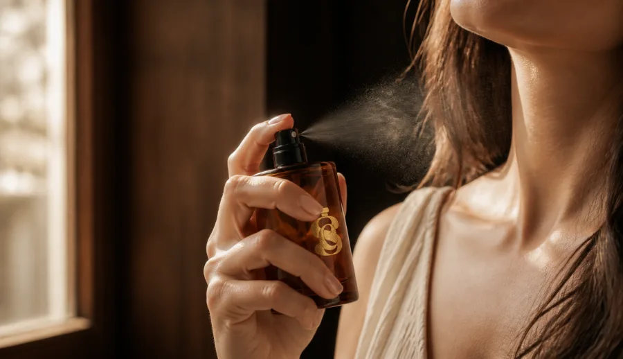 Woman applying The Scent Chemistry perfume