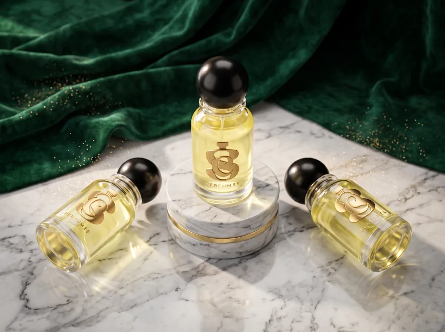 Three golden perfume bottles arranged on marble