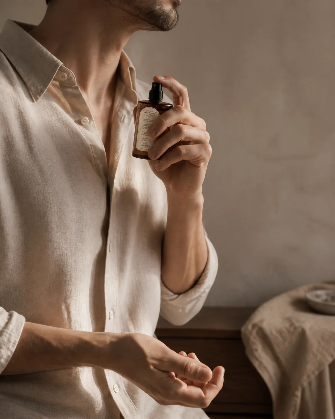 Man applying The Scent Chemistry perfume during a dressing ritual
