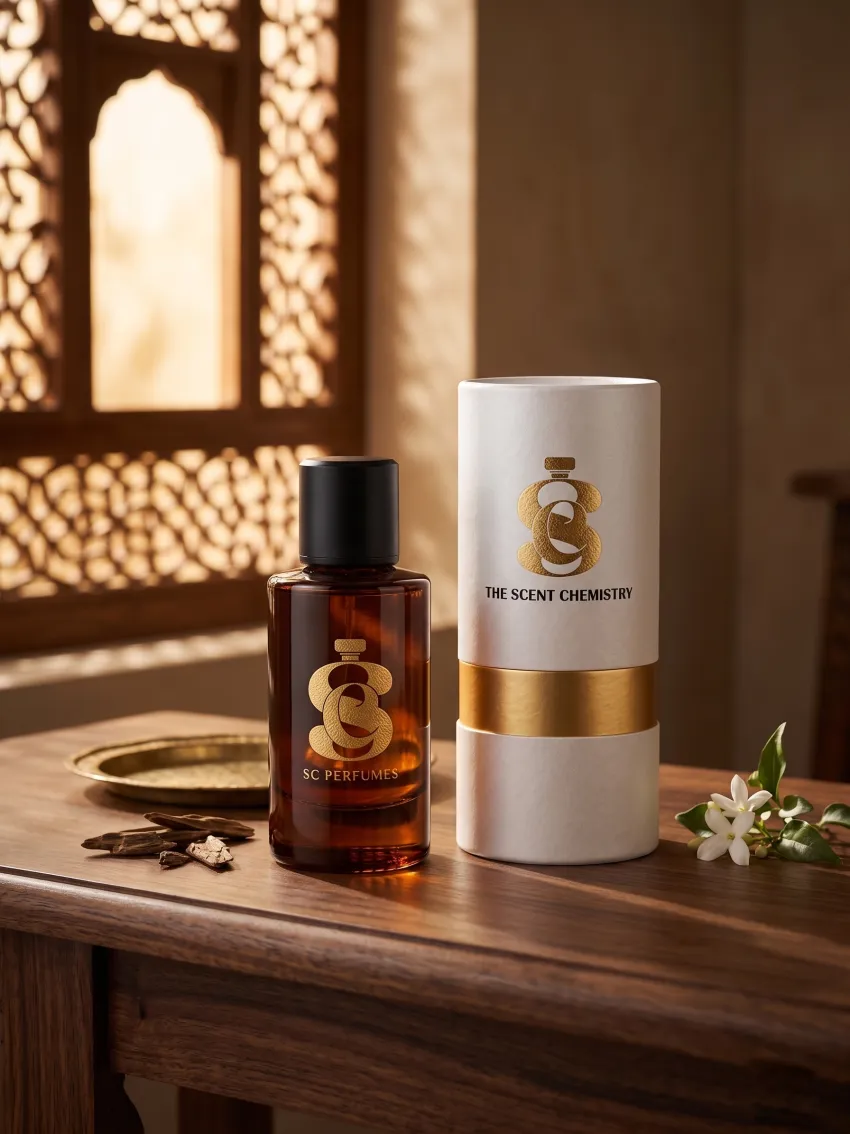 Amber perfume and presentation case in warm architectural light