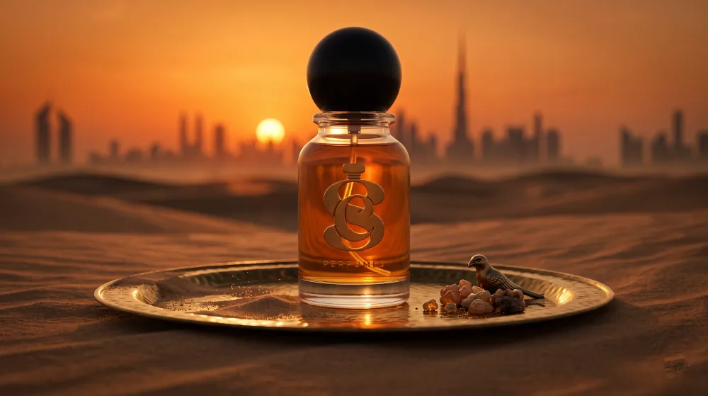 Golden perfume presented at sunset in the desert