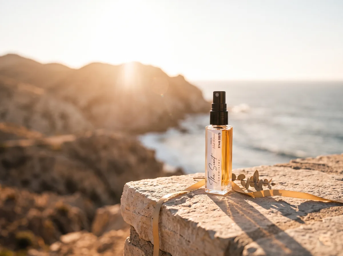 Travel fragrance presented on a sunlit coast