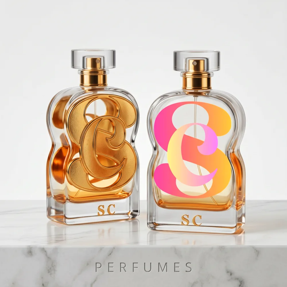 Two sculptural glass perfume bottles